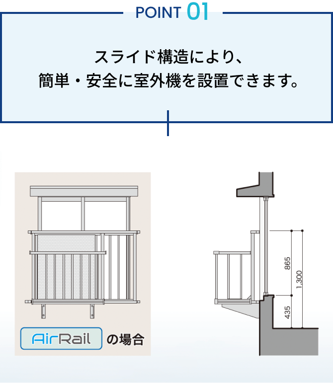 スライド構造でエアコン室外機を簡単・安全に設置できる。