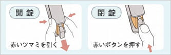 左側は「開錠」の操作手順で、赤いツマミを引く動作が示されている。右側は「閉錠」の操作手順で、赤いボタンを押すことで施錠できる。簡単で直感的に操作可能なデザイン。